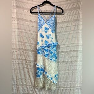 Patchwork blue floral sleeveless midi dress